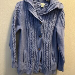 LL Bean Women's Blue Cotton Cable Knit Cardigan Sweater Size Medium Button Front
